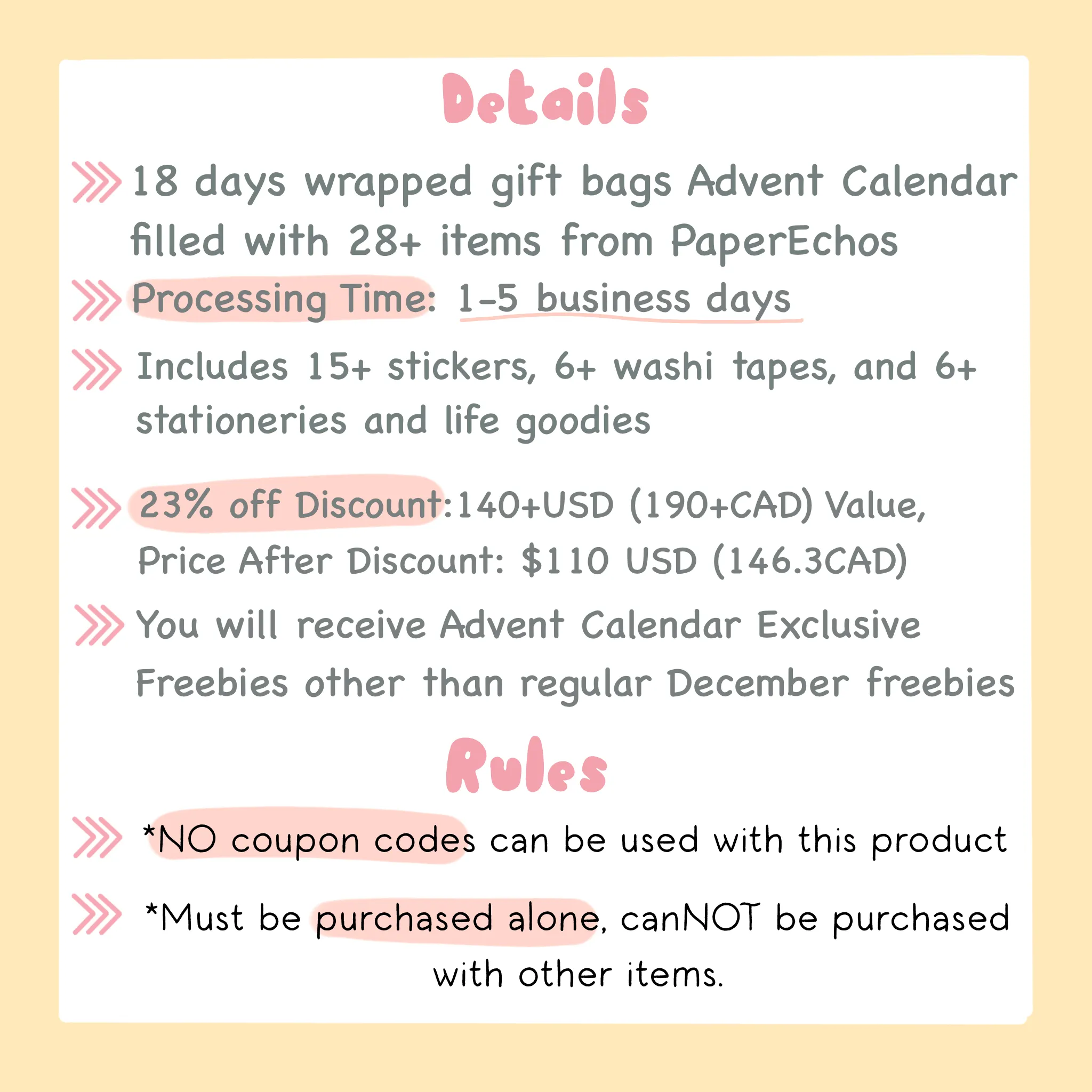 2023 Advent Calendar - 18 days 28 items (MUST BE PURCHASED ALONE)