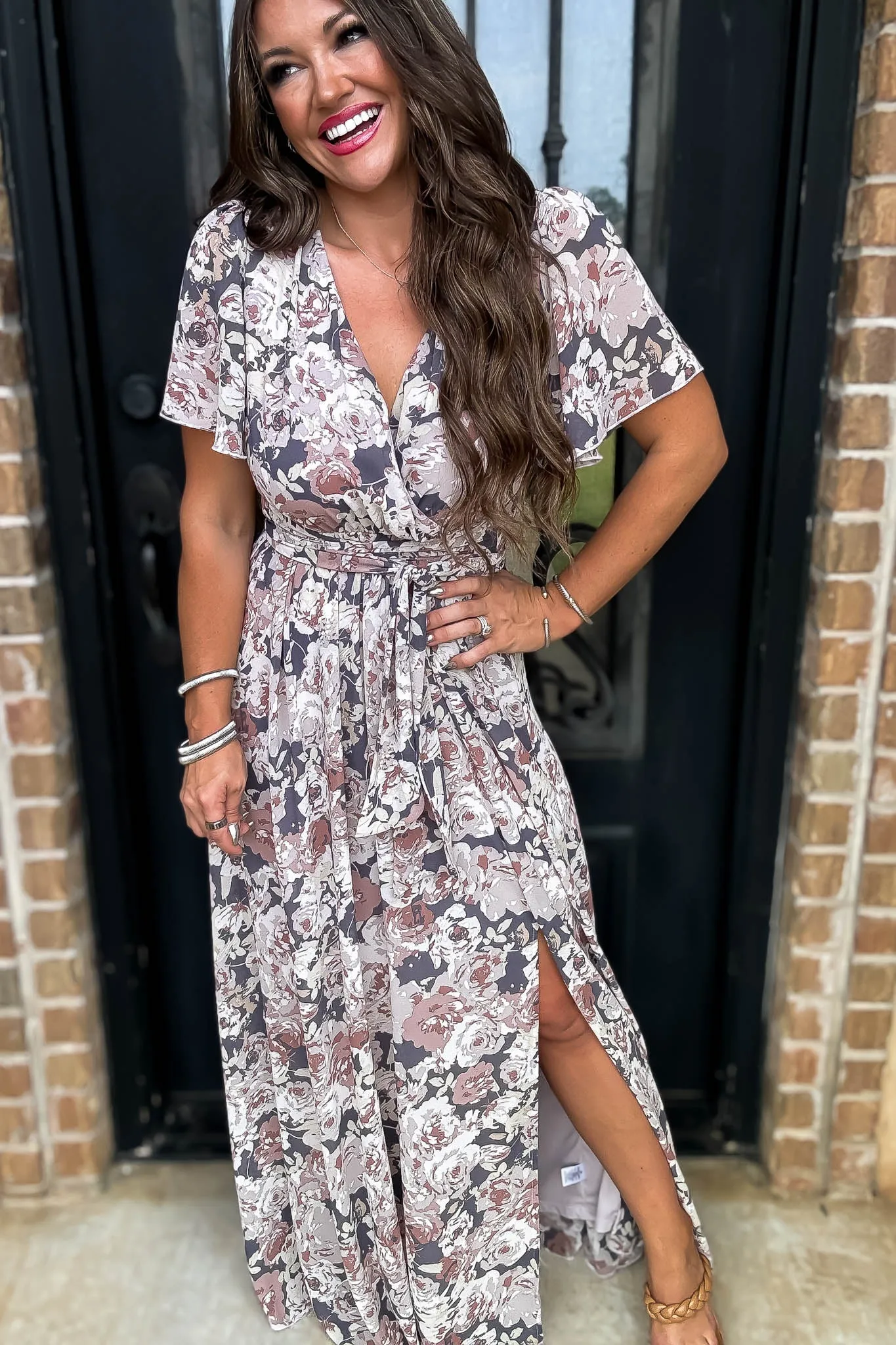 Beauty Of Fall Chiffon Floral Short Sleeve V-Neck Maxi Dress