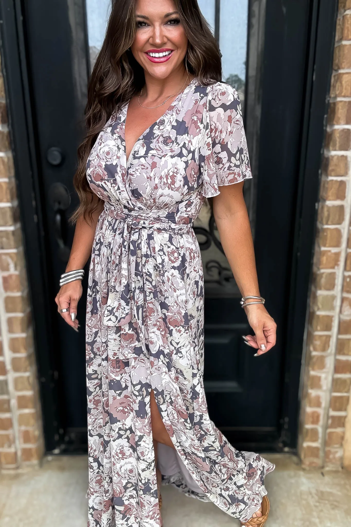 Beauty Of Fall Chiffon Floral Short Sleeve V-Neck Maxi Dress