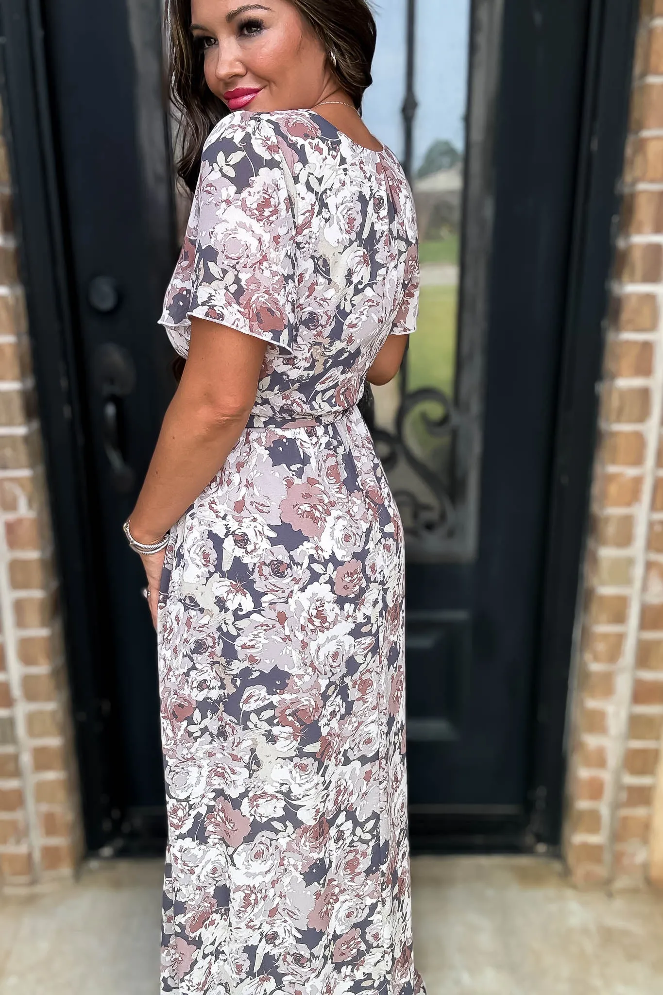 Beauty Of Fall Chiffon Floral Short Sleeve V-Neck Maxi Dress
