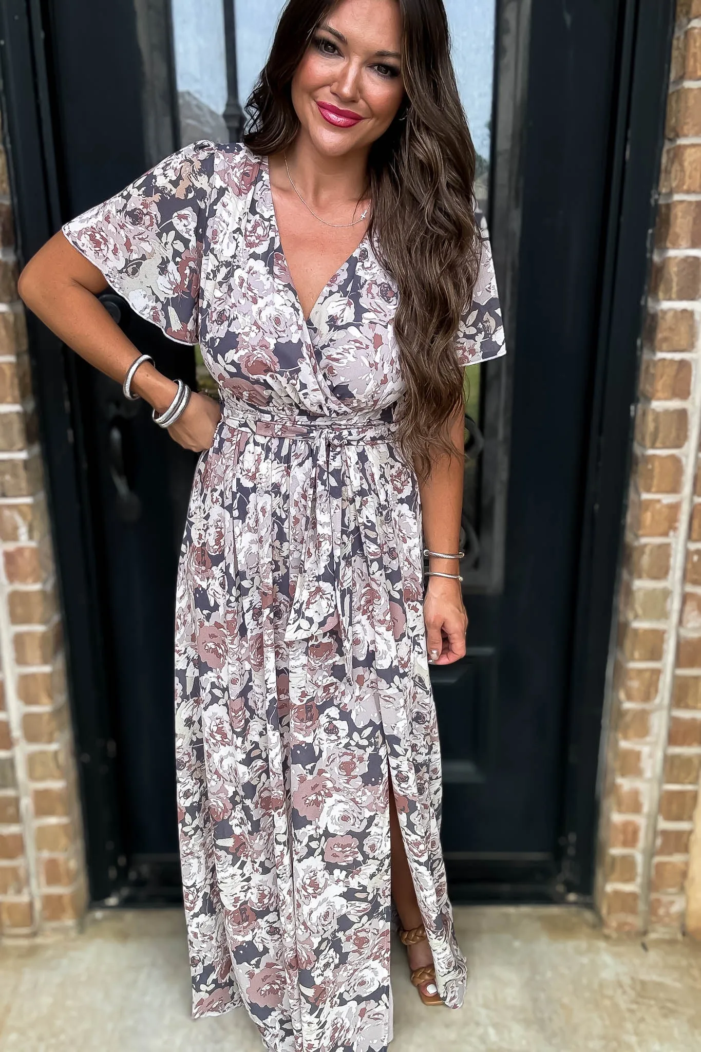 Beauty Of Fall Chiffon Floral Short Sleeve V-Neck Maxi Dress