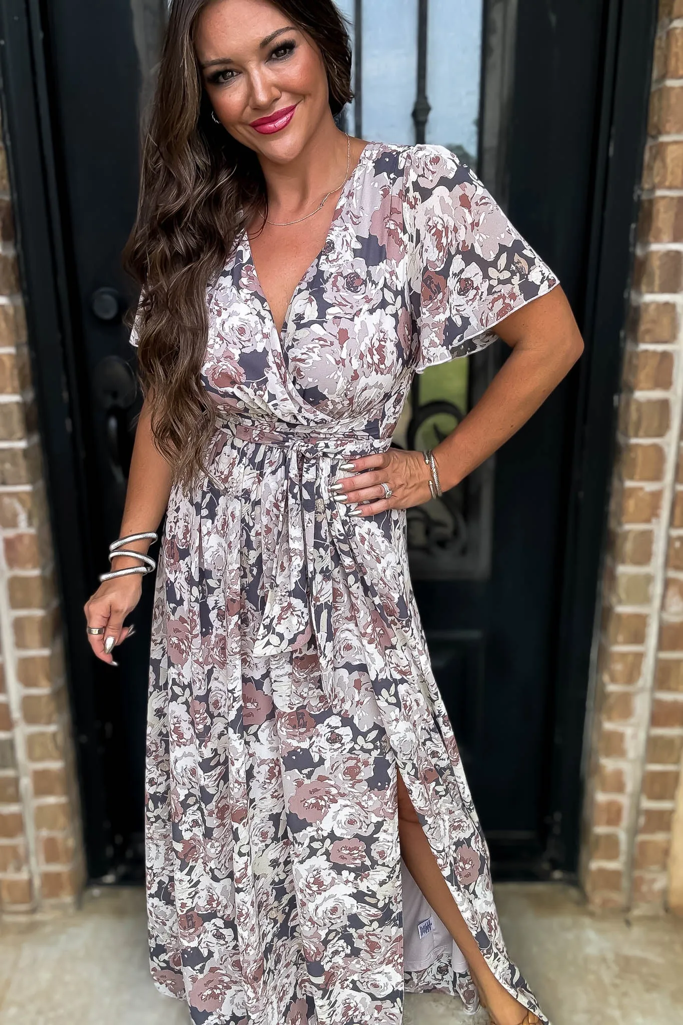 Beauty Of Fall Chiffon Floral Short Sleeve V-Neck Maxi Dress