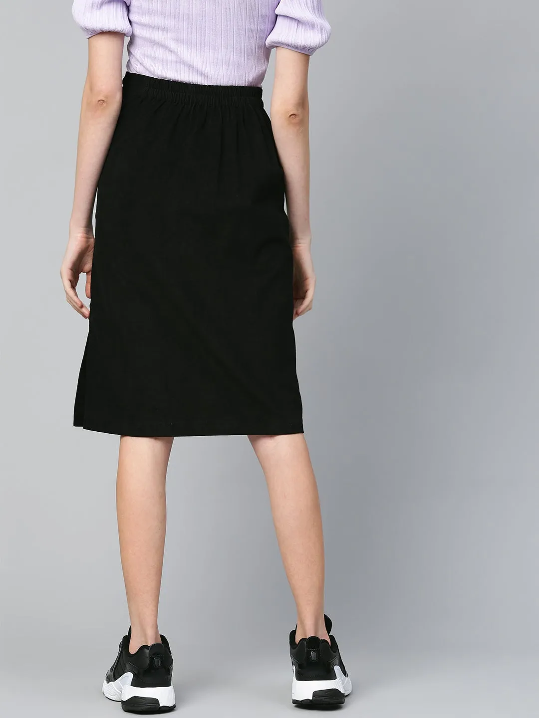 Black Corduroy Side Button Midi Skirt