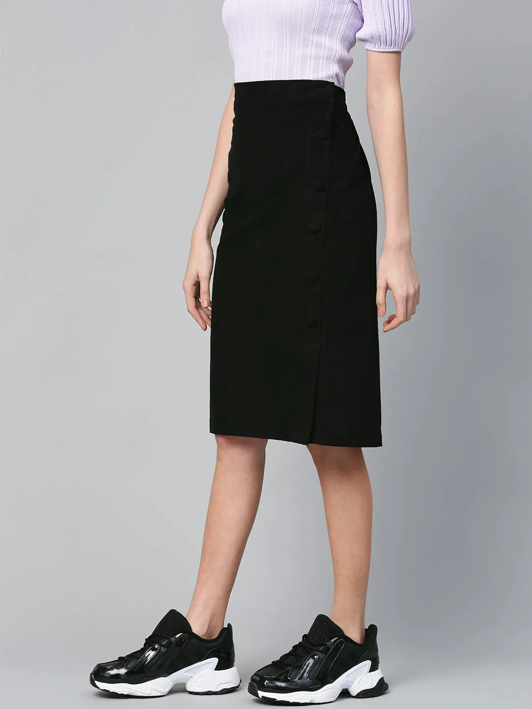Black Corduroy Side Button Midi Skirt