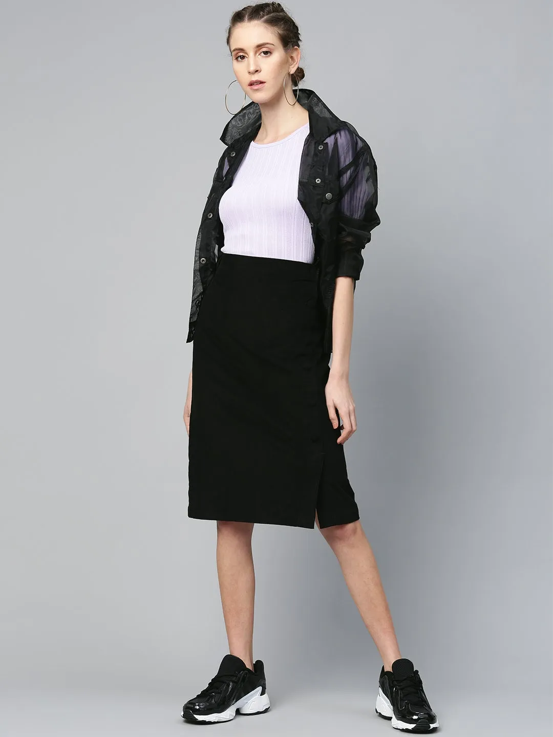 Black Corduroy Side Button Midi Skirt