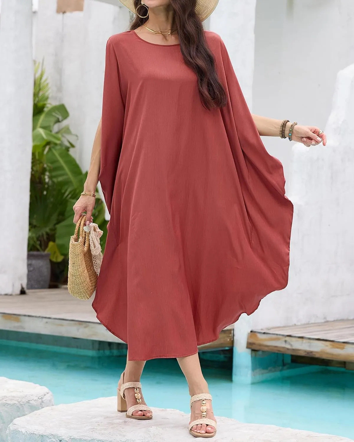 Bsubseach Kaftan Dresses for Women Batwing Sleeve Beach Cover Up Solid Color Plus Size Caftan Long Loungewear Dress