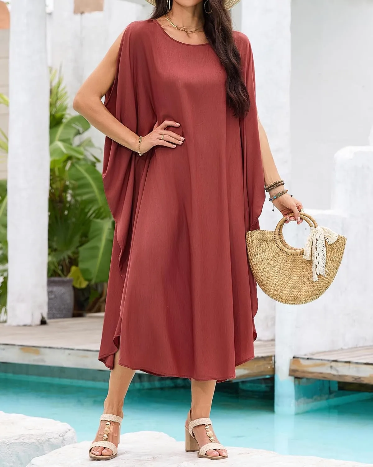 Bsubseach Kaftan Dresses for Women Batwing Sleeve Beach Cover Up Solid Color Plus Size Caftan Long Loungewear Dress