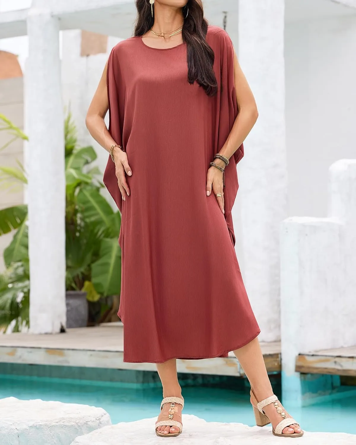 Bsubseach Kaftan Dresses for Women Batwing Sleeve Beach Cover Up Solid Color Plus Size Caftan Long Loungewear Dress
