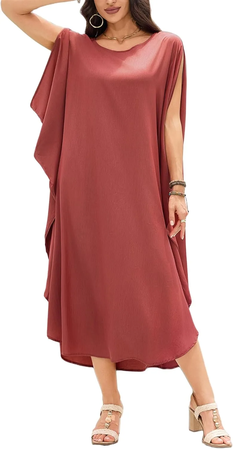 Bsubseach Kaftan Dresses for Women Batwing Sleeve Beach Cover Up Solid Color Plus Size Caftan Long Loungewear Dress