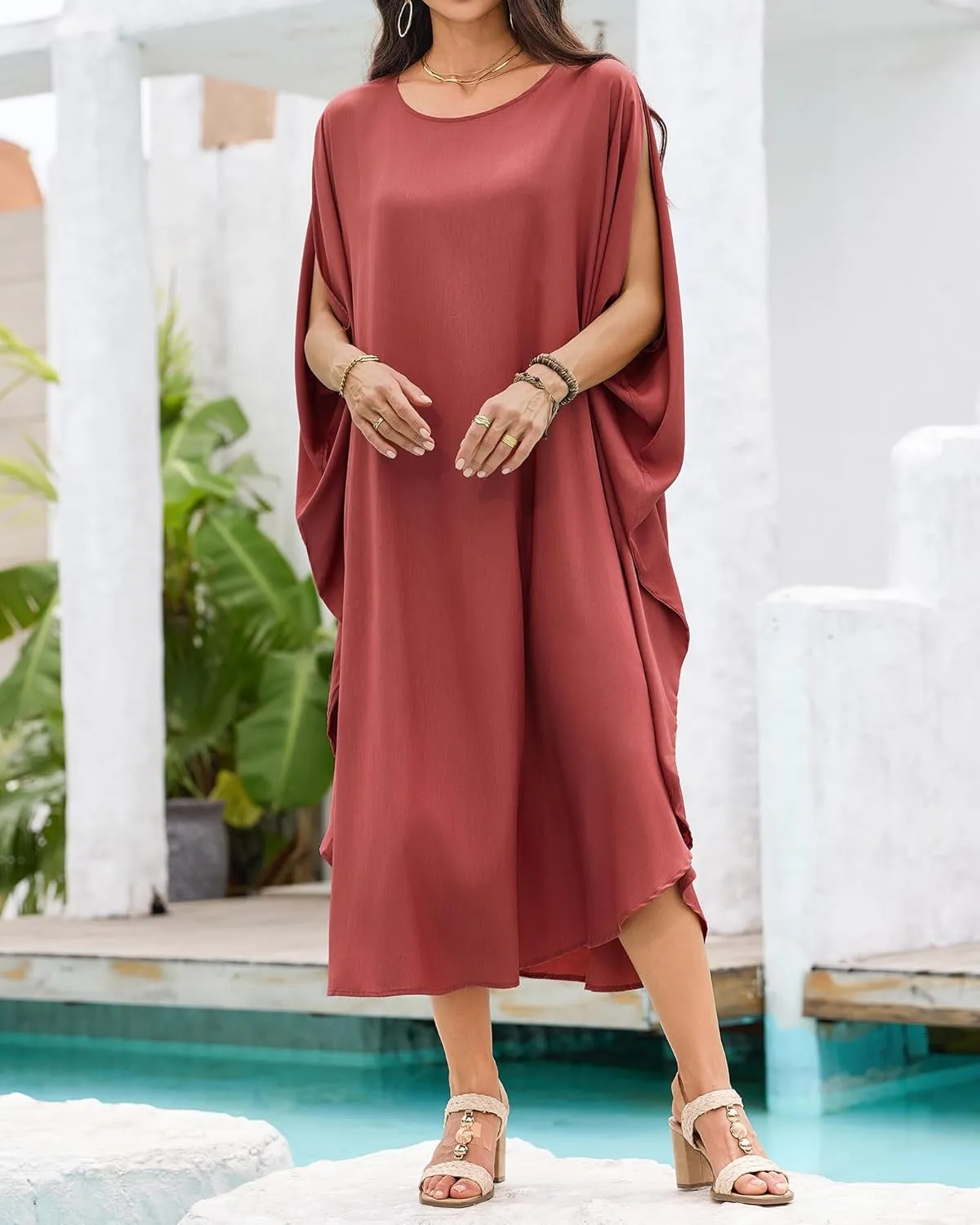 Bsubseach Kaftan Dresses for Women Batwing Sleeve Beach Cover Up Solid Color Plus Size Caftan Long Loungewear Dress