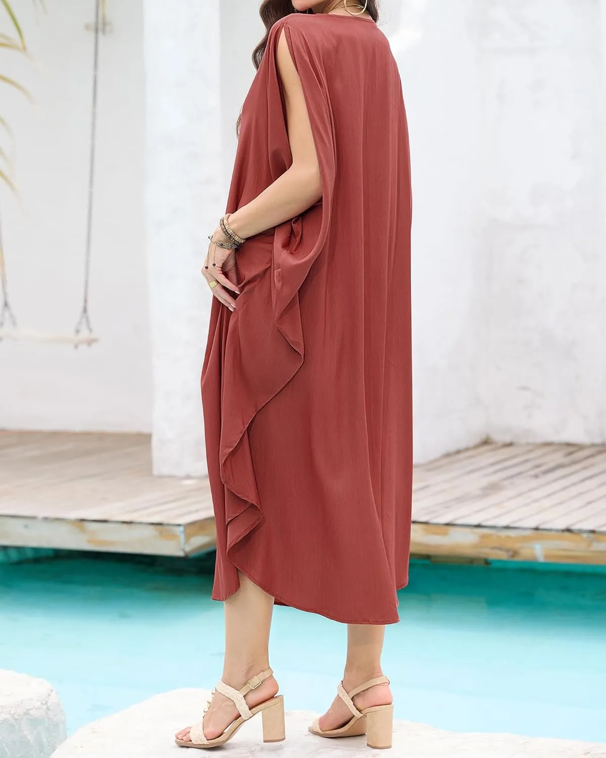 Bsubseach Kaftan Dresses for Women Batwing Sleeve Beach Cover Up Solid Color Plus Size Caftan Long Loungewear Dress