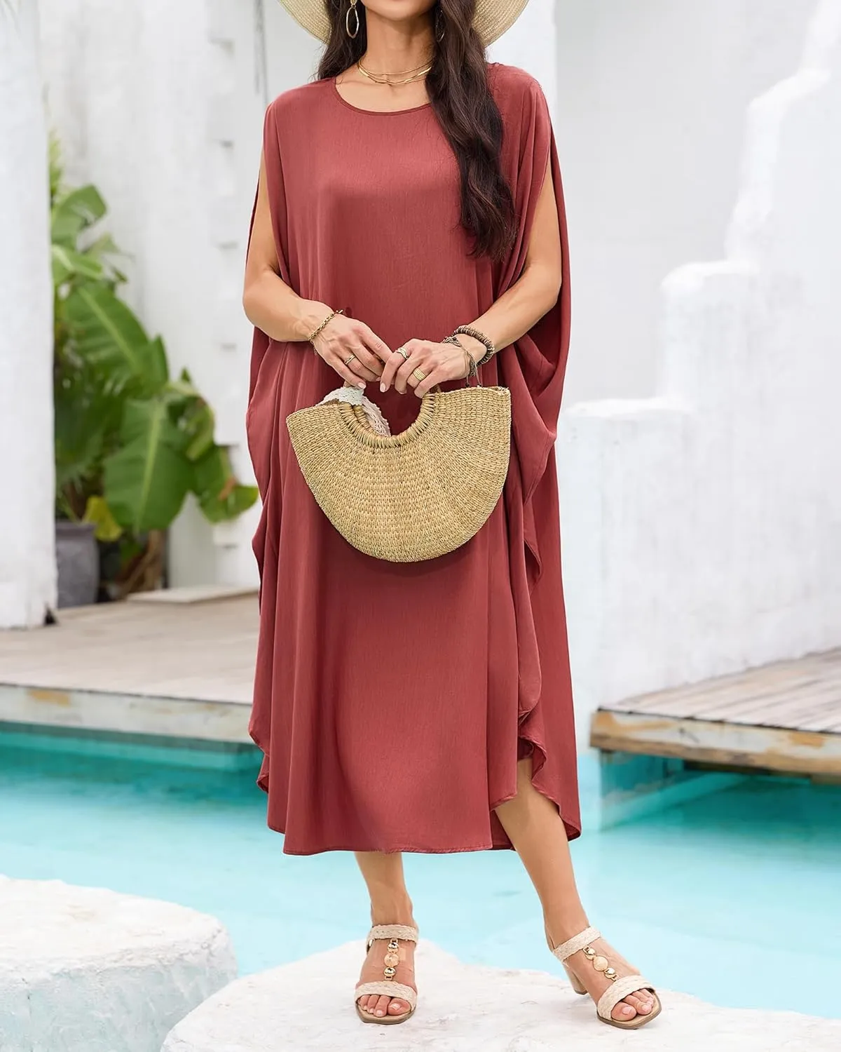 Bsubseach Kaftan Dresses for Women Batwing Sleeve Beach Cover Up Solid Color Plus Size Caftan Long Loungewear Dress