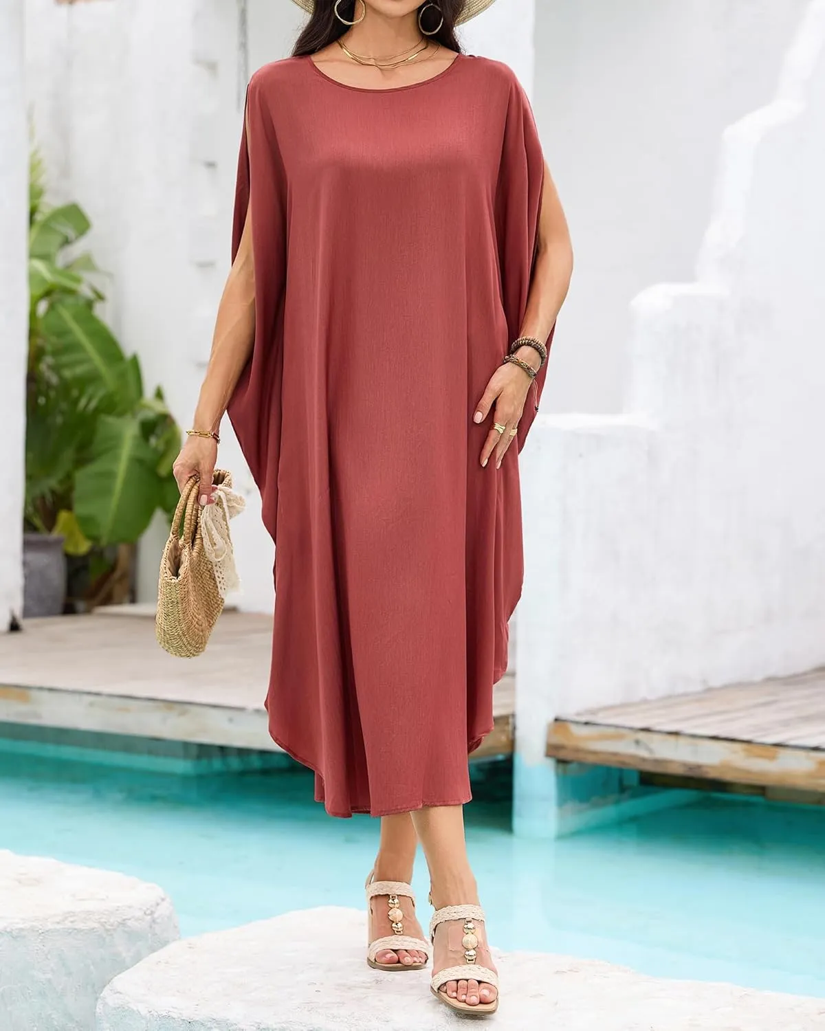 Bsubseach Kaftan Dresses for Women Batwing Sleeve Beach Cover Up Solid Color Plus Size Caftan Long Loungewear Dress