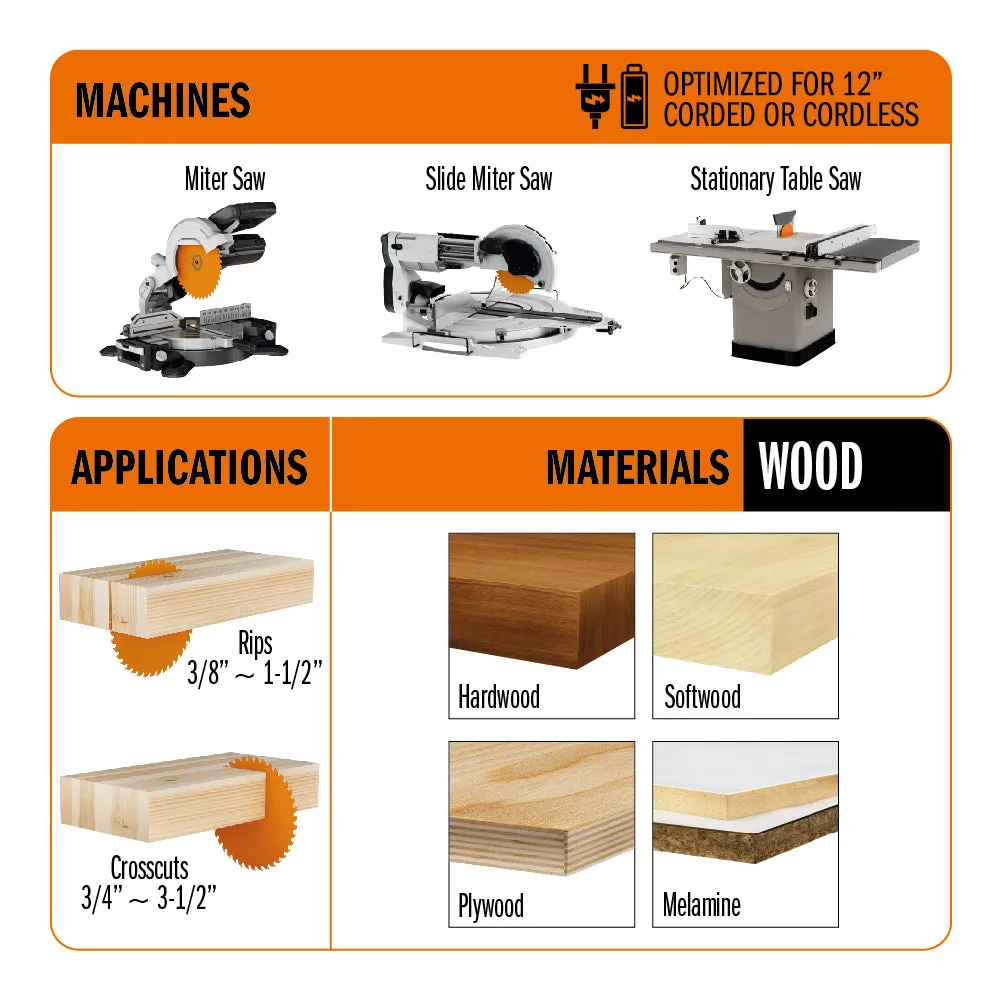 CMT Orange ITK Combination Saw Blade 12" x T60 1FTG 4ATB Grind with 1-Inch Bore (0.110" Thin Kerf)