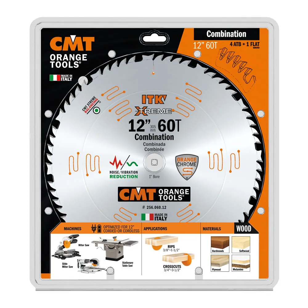 CMT Orange ITK Combination Saw Blade 12" x T60 1FTG 4ATB Grind with 1-Inch Bore (0.110" Thin Kerf)