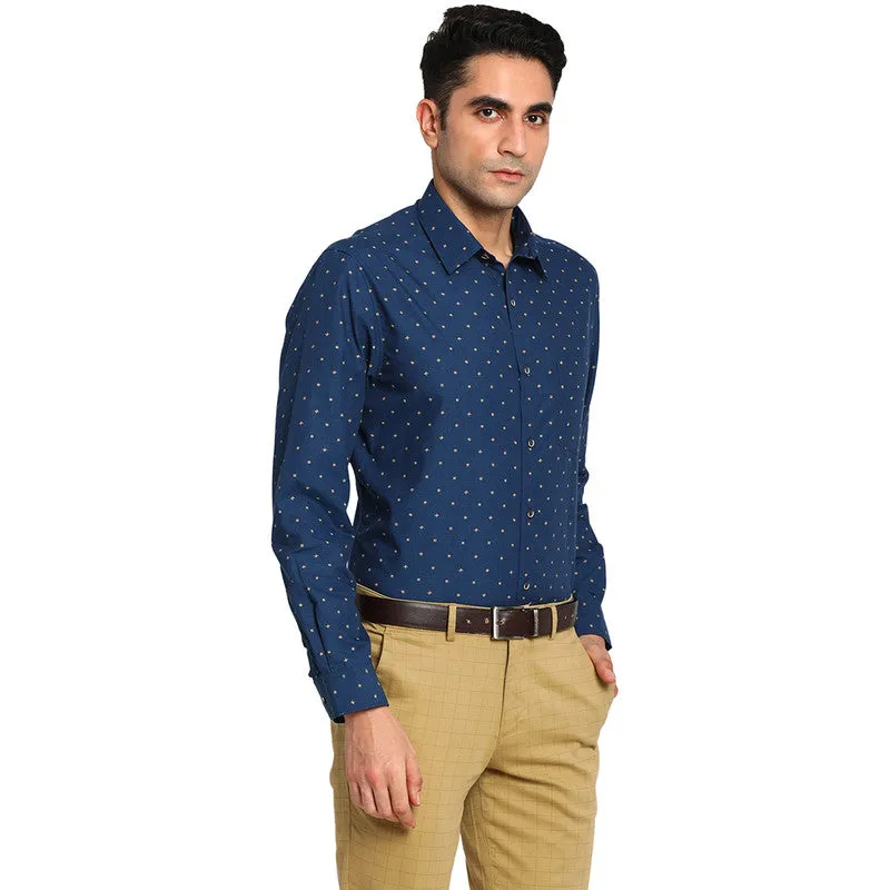 Cotton Navy Blue Regular Fit Printed Formal Shirts