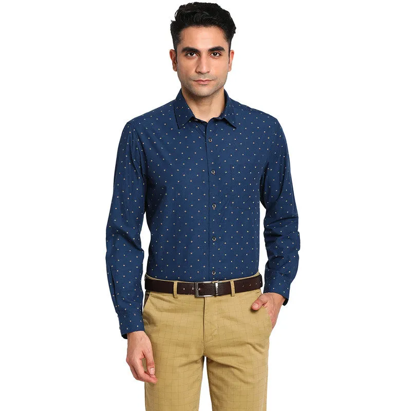 Cotton Navy Blue Regular Fit Printed Formal Shirts