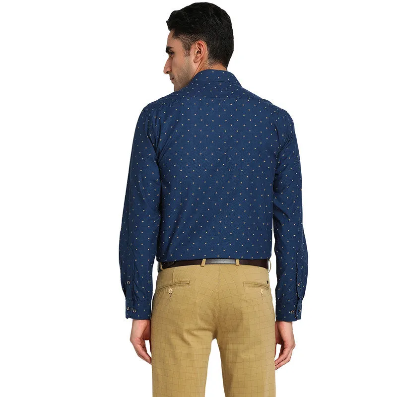 Cotton Navy Blue Regular Fit Printed Formal Shirts