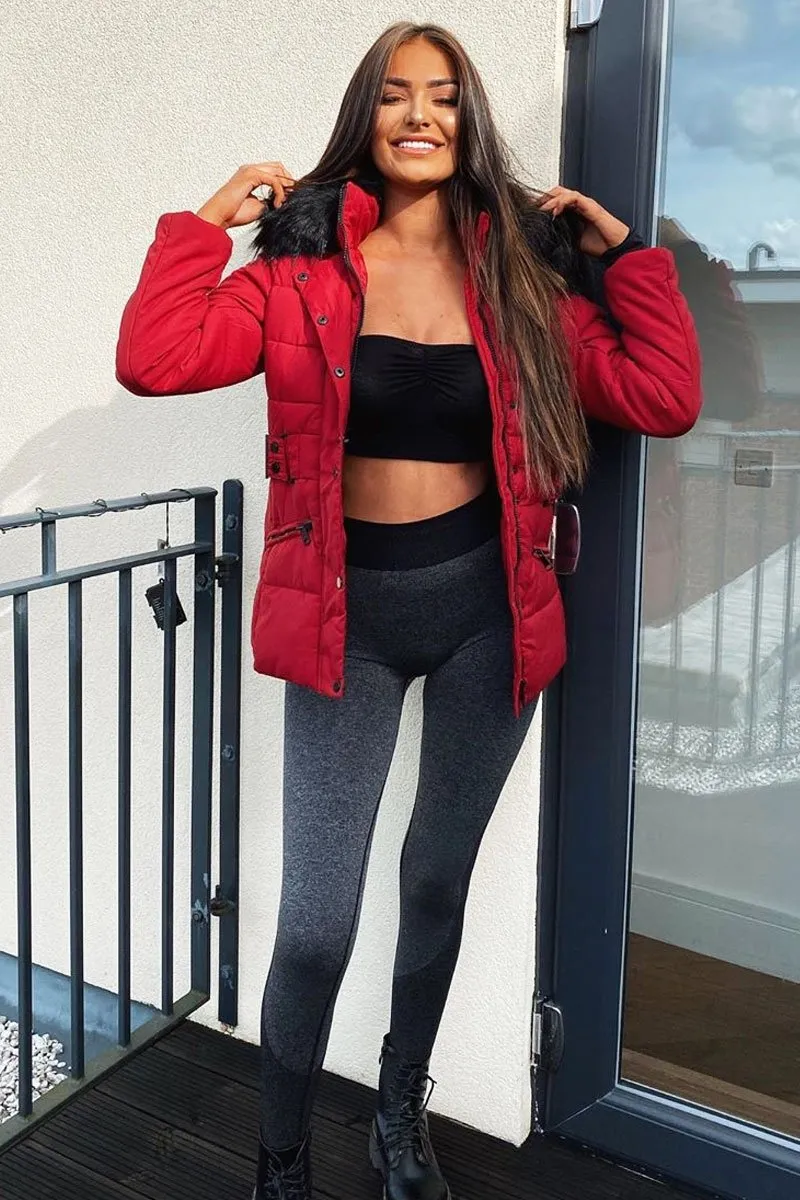 Dark Red Fur Trim Adjustable Waist Puffer Coat - Rossie