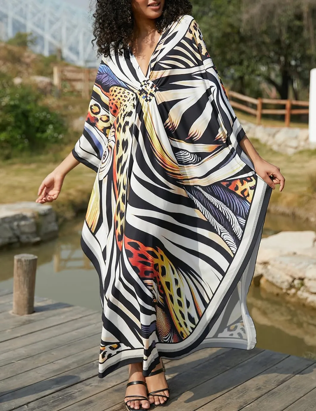 Eddoyee Kaftan Dresses for Women Long Print Caftans Swimsuit Cover Up 3/4 Sleeve Summer Beach Loungewear Dress