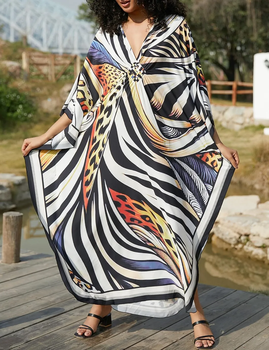 Eddoyee Kaftan Dresses for Women Long Print Caftans Swimsuit Cover Up 3/4 Sleeve Summer Beach Loungewear Dress