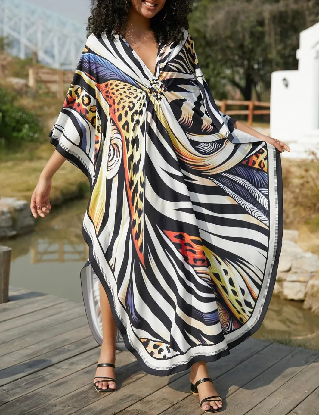 Eddoyee Kaftan Dresses for Women Long Print Caftans Swimsuit Cover Up 3/4 Sleeve Summer Beach Loungewear Dress
