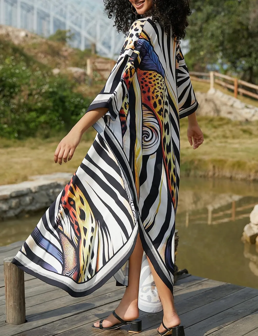 Eddoyee Kaftan Dresses for Women Long Print Caftans Swimsuit Cover Up 3/4 Sleeve Summer Beach Loungewear Dress