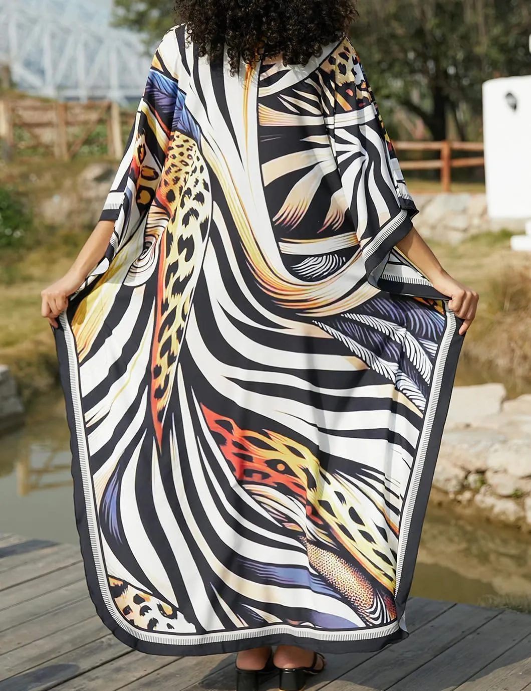 Eddoyee Kaftan Dresses for Women Long Print Caftans Swimsuit Cover Up 3/4 Sleeve Summer Beach Loungewear Dress