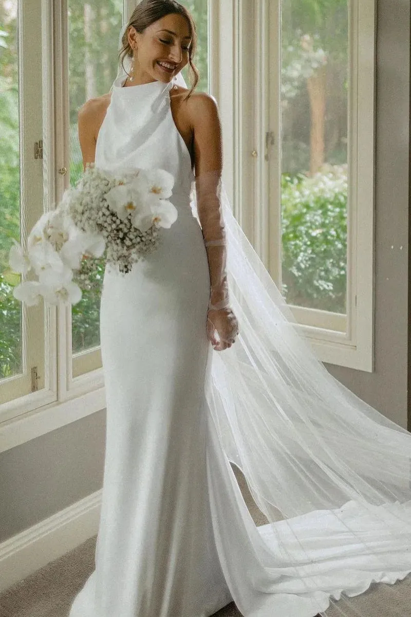Elegant Mermaid Halter Satin Long Wedding Dresses VK23013004