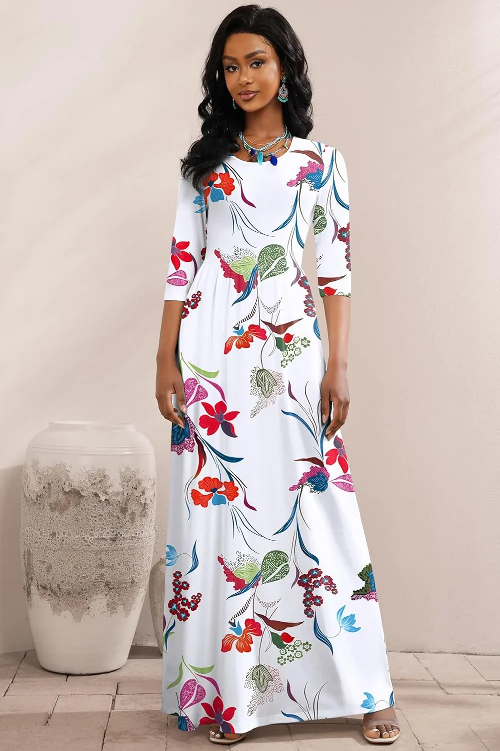 FANDEE Maxi Dress for Women 3/4 Sleeve Crew Neck Empire Waist Casual Dress with Pockets