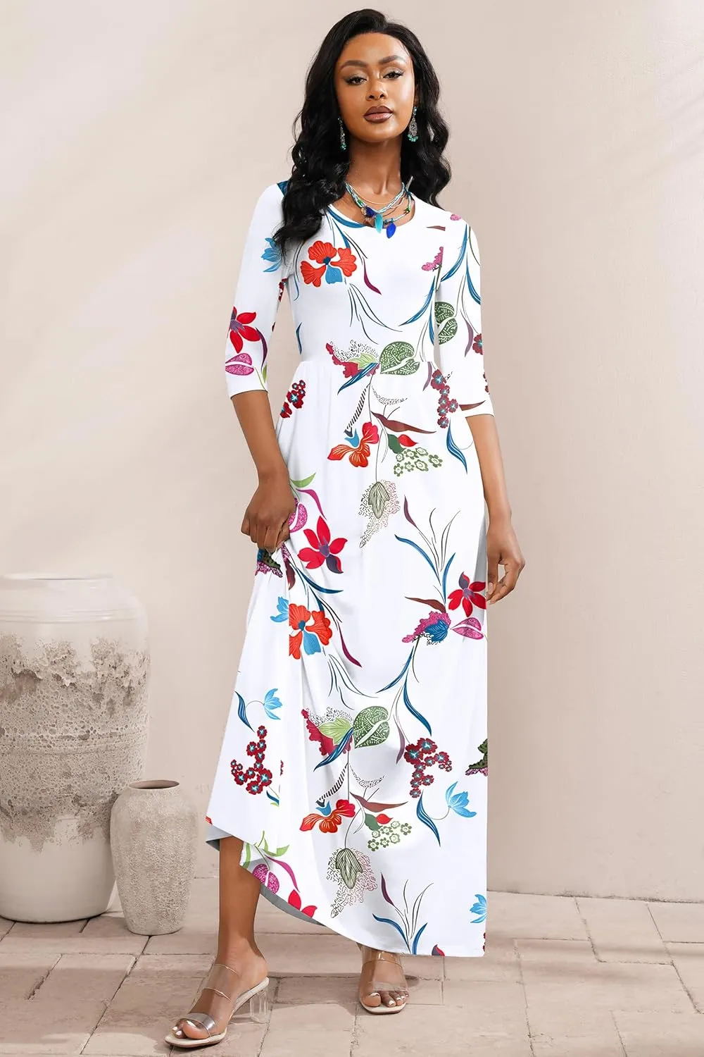 FANDEE Maxi Dress for Women 3/4 Sleeve Crew Neck Empire Waist Casual Dress with Pockets