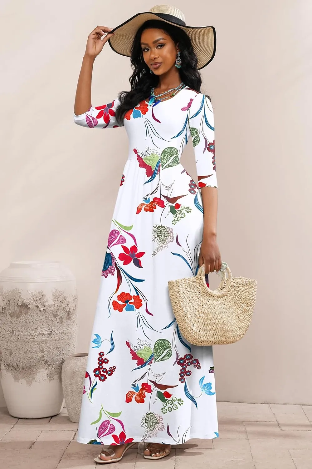 FANDEE Maxi Dress for Women 3/4 Sleeve Crew Neck Empire Waist Casual Dress with Pockets