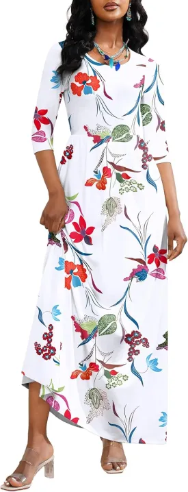 FANDEE Maxi Dress for Women 3/4 Sleeve Crew Neck Empire Waist Casual Dress with Pockets