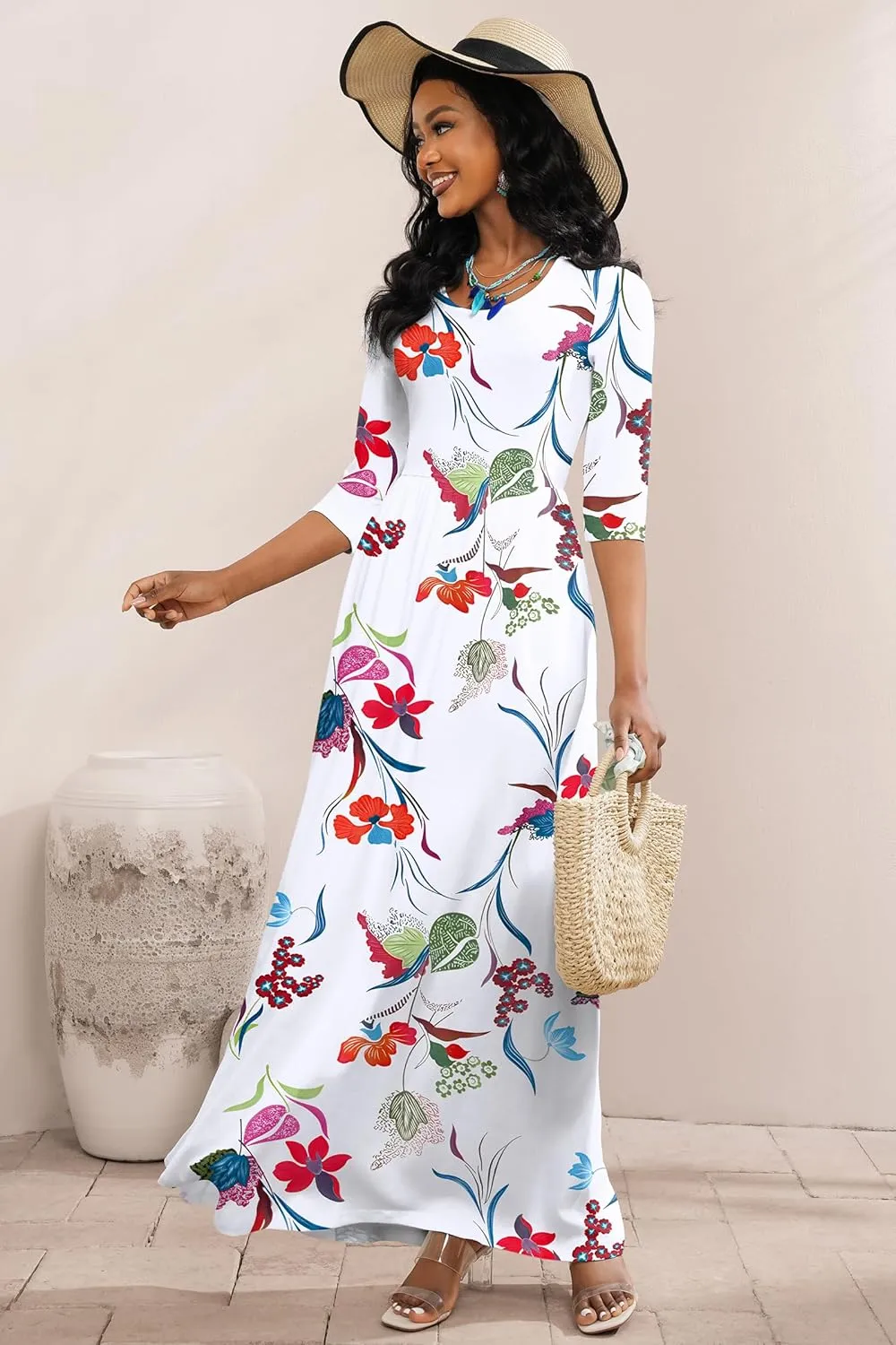 FANDEE Maxi Dress for Women 3/4 Sleeve Crew Neck Empire Waist Casual Dress with Pockets