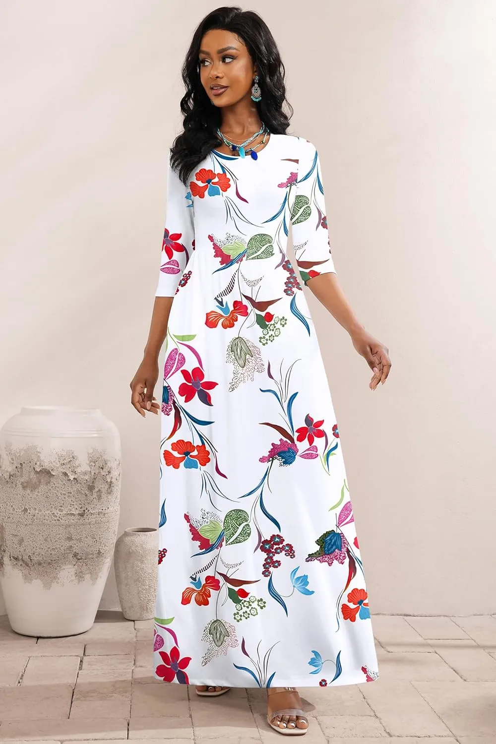 FANDEE Maxi Dress for Women 3/4 Sleeve Crew Neck Empire Waist Casual Dress with Pockets
