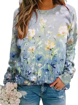 Fronage Women's Floral Printed Sweatshirt Long Sleeve Crewneck Casual Loose Vintage FLower Graphic Pullover Tops