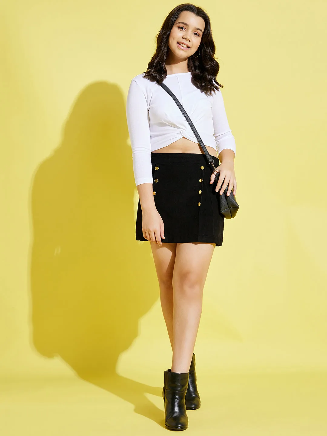 Girls Black Corduroy Front Button Mini Skirt
