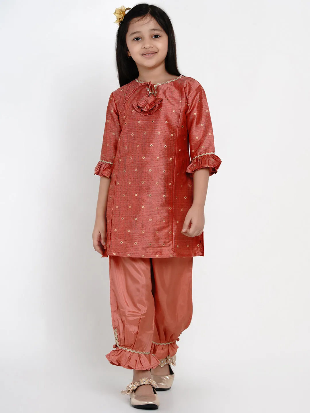 Girls Rust Ethnic Motifs Embroidered Kurta with Trousers