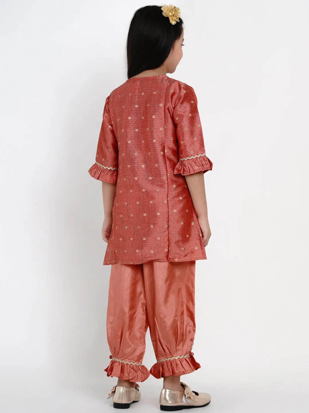 Girls Rust Ethnic Motifs Embroidered Kurta with Trousers
