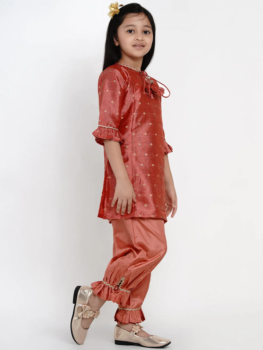 Girls Rust Ethnic Motifs Embroidered Kurta with Trousers