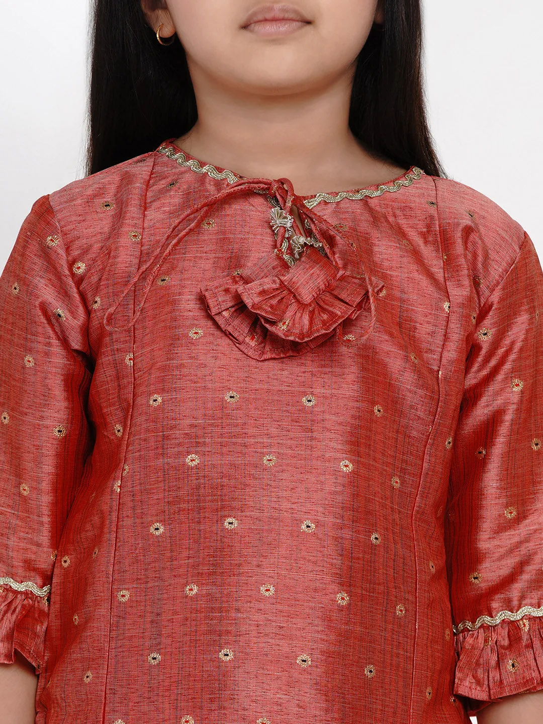Girls Rust Ethnic Motifs Embroidered Kurta with Trousers