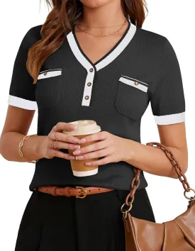 GRACE KARIN Women's Short Sleeve Sweaters 2025 Summer Tops Button V Neck Top Business Casual Outfits Work Blouses Clothes