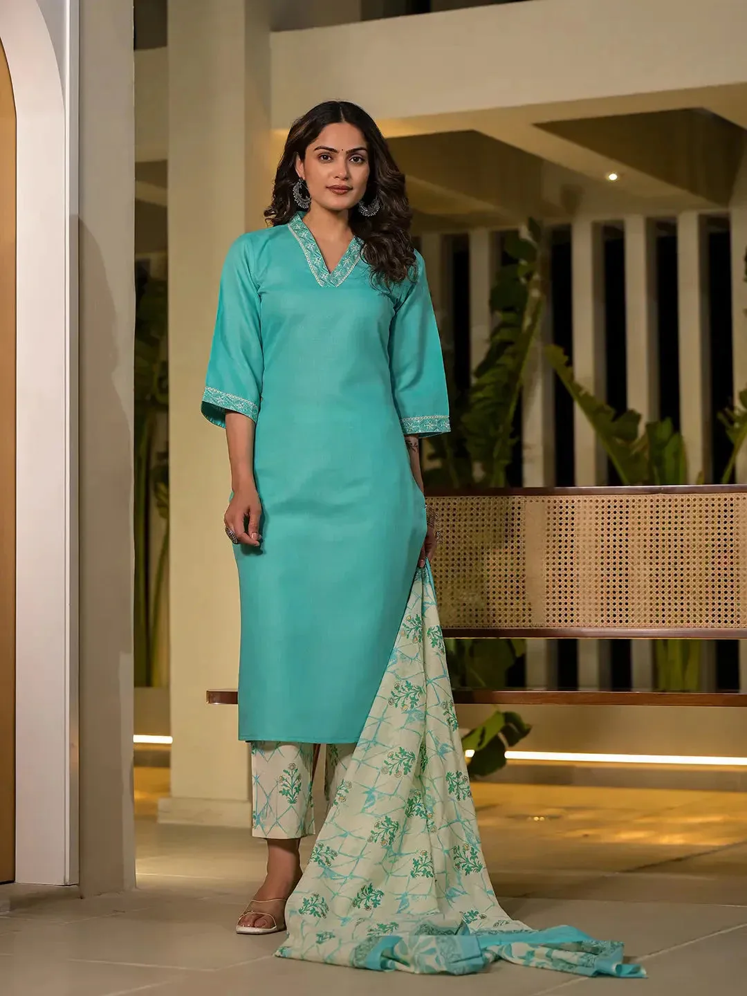 Green Cotton Straight Embroidered On Yoke Kurta With Trousers And Dupatta Set