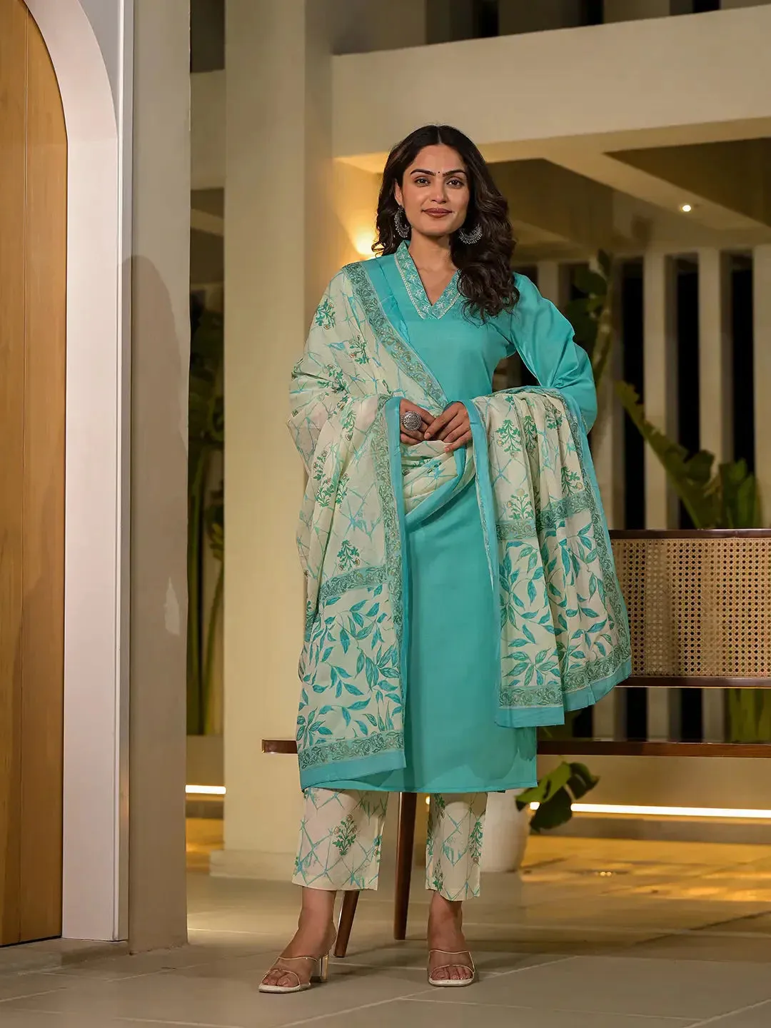 Green Cotton Straight Embroidered On Yoke Kurta With Trousers And Dupatta Set