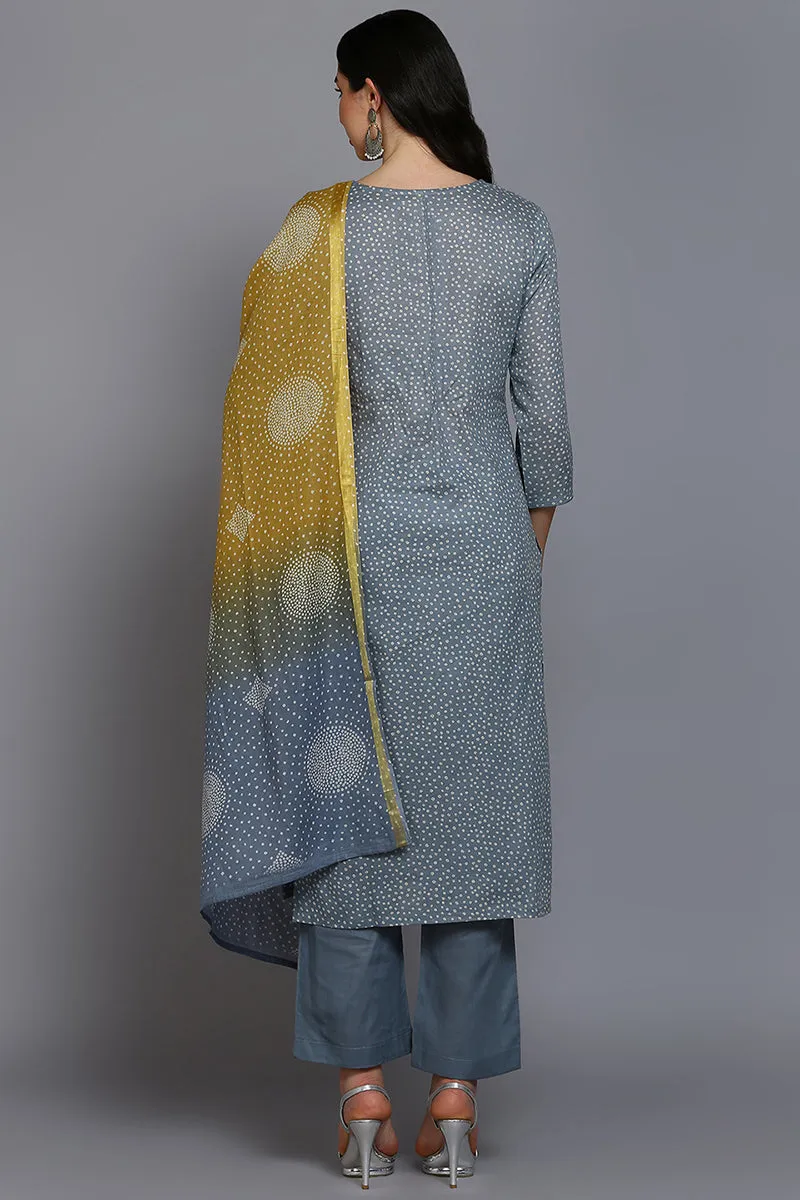 Grey Cotton Bandhani Straight Suit Set