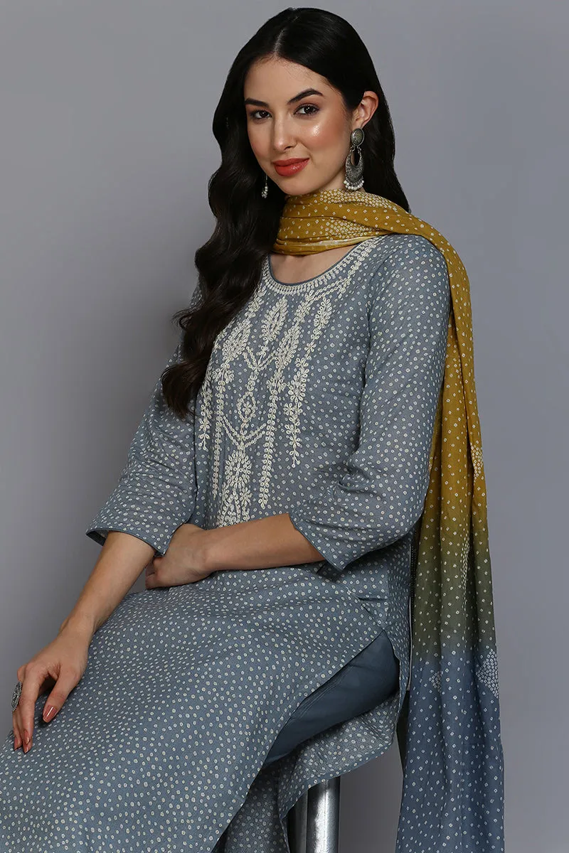 Grey Cotton Bandhani Straight Suit Set