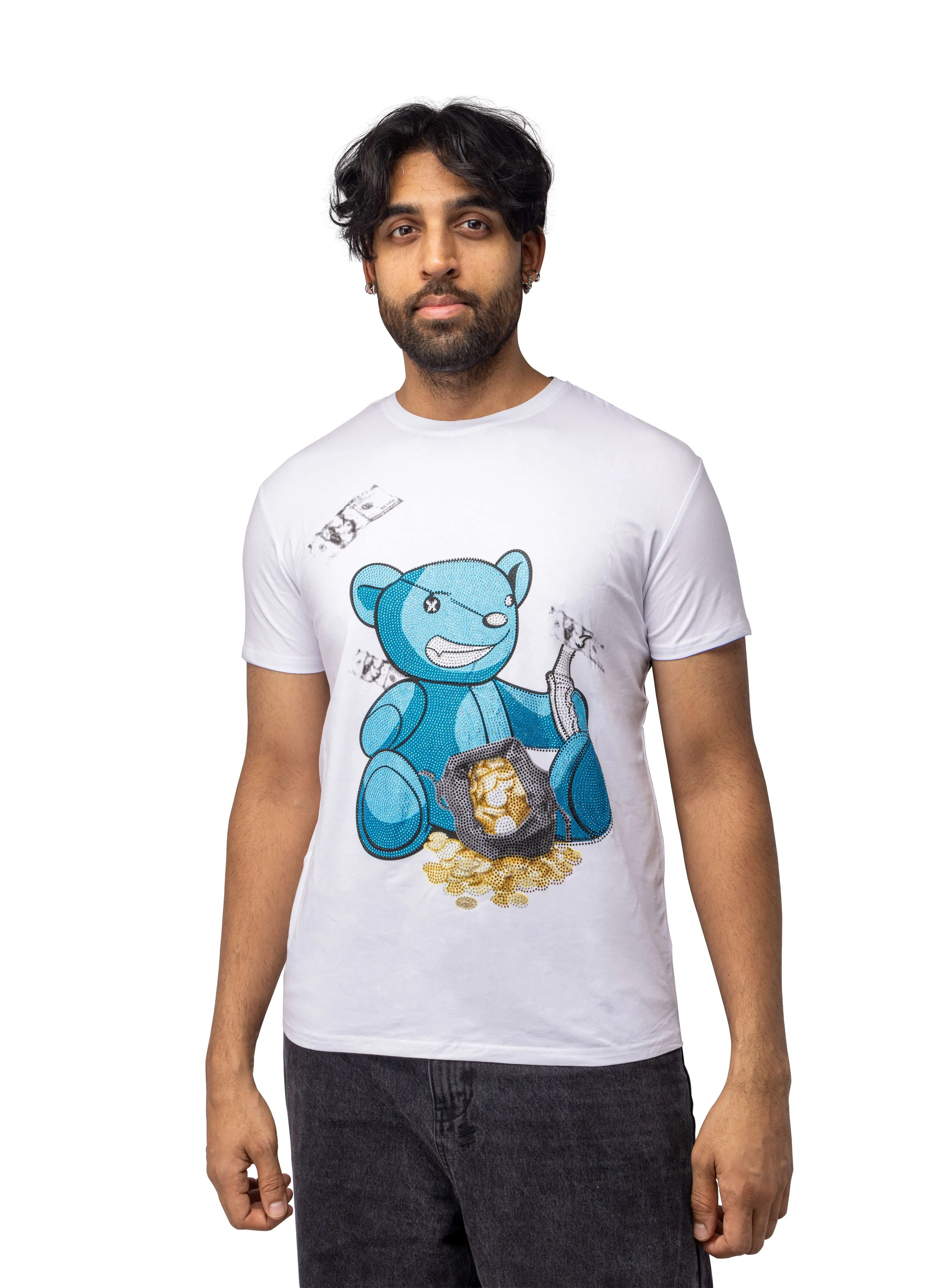 Heads or Tails Men's Slim Fit Crewneck Rhinestone Studded Graphic Printed T-Shirt Stone Tee Blue Bear With Money