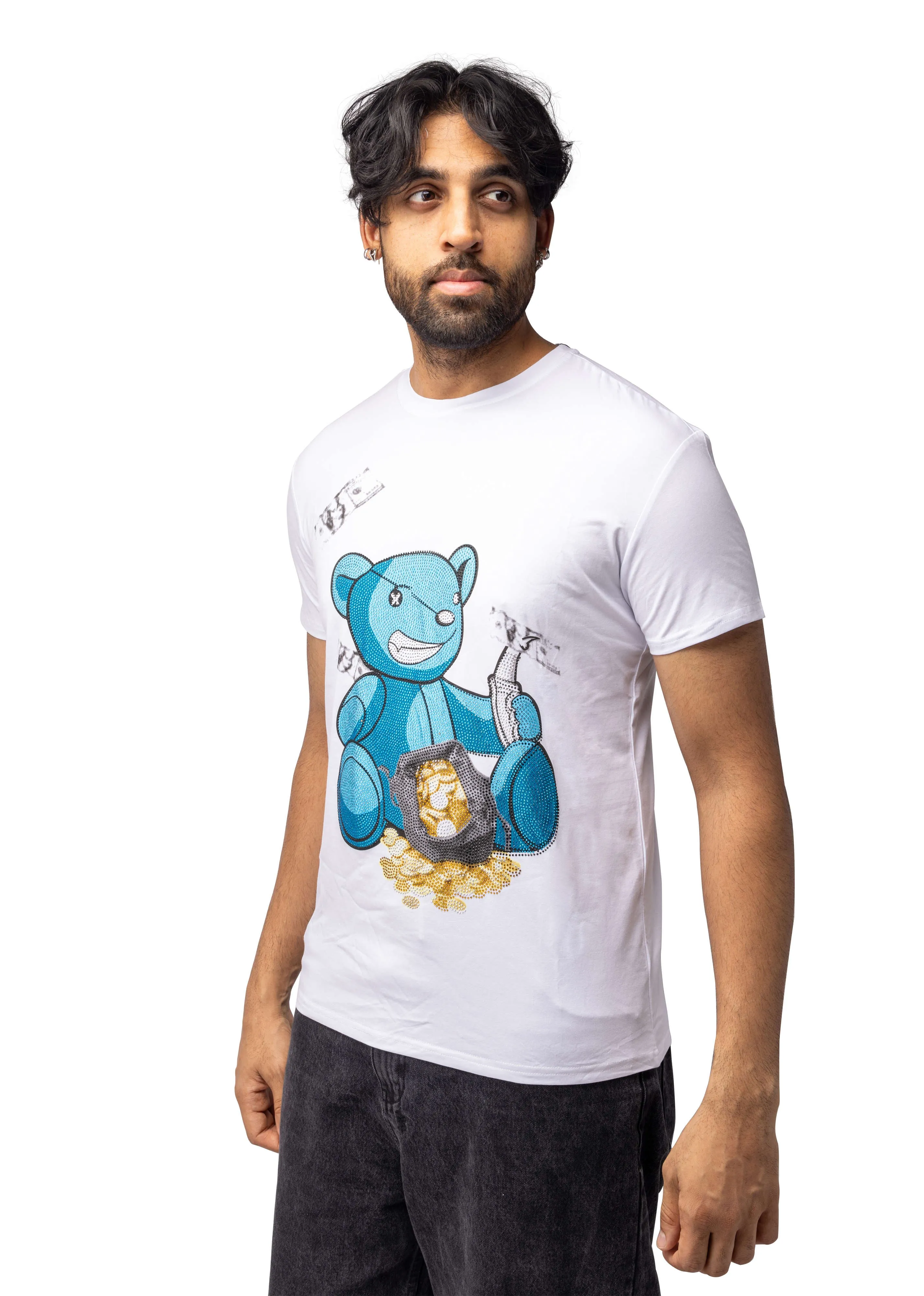 Heads or Tails Men's Slim Fit Crewneck Rhinestone Studded Graphic Printed T-Shirt Stone Tee Blue Bear With Money