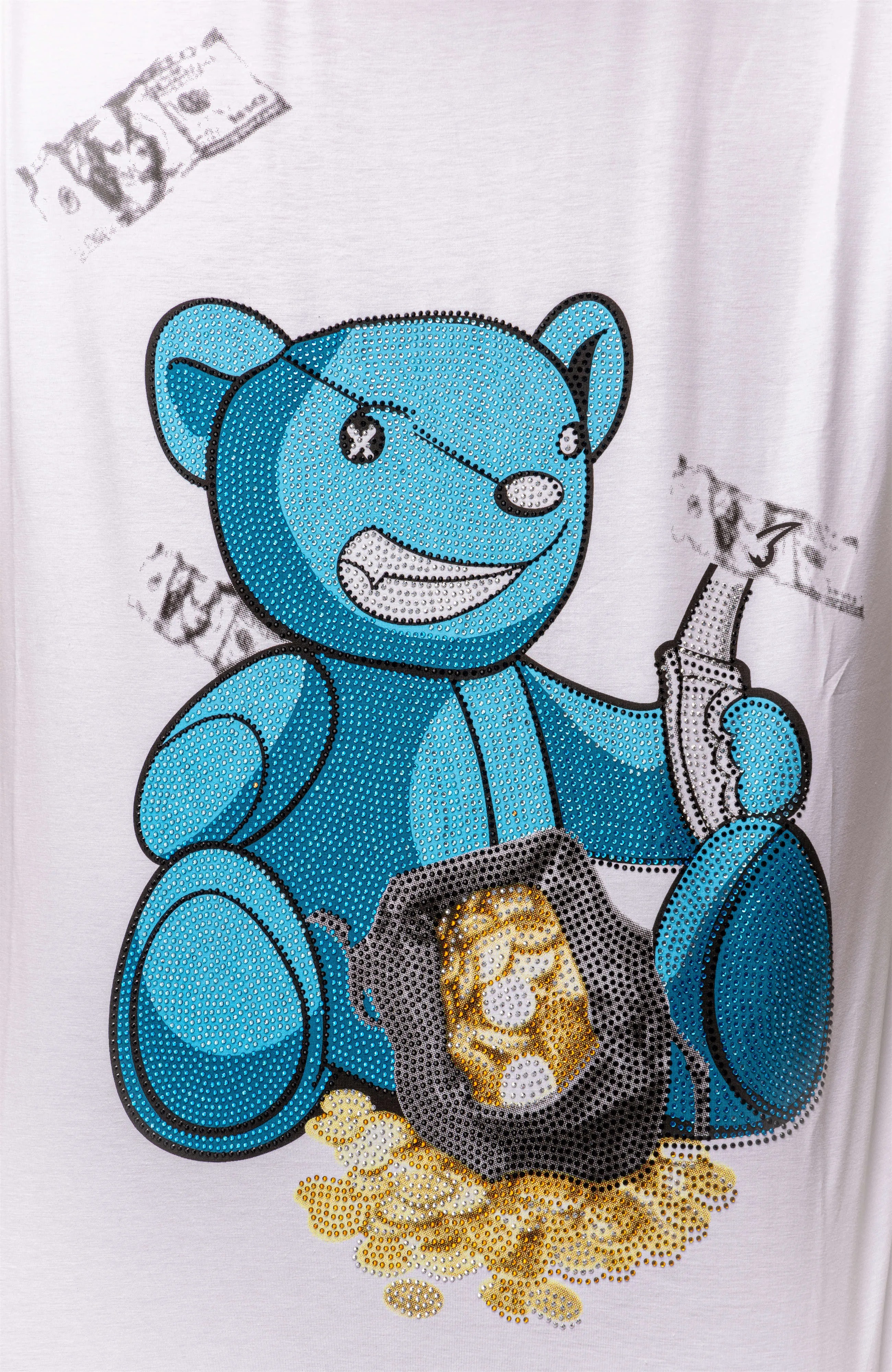 Heads or Tails Men's Slim Fit Crewneck Rhinestone Studded Graphic Printed T-Shirt Stone Tee Blue Bear With Money