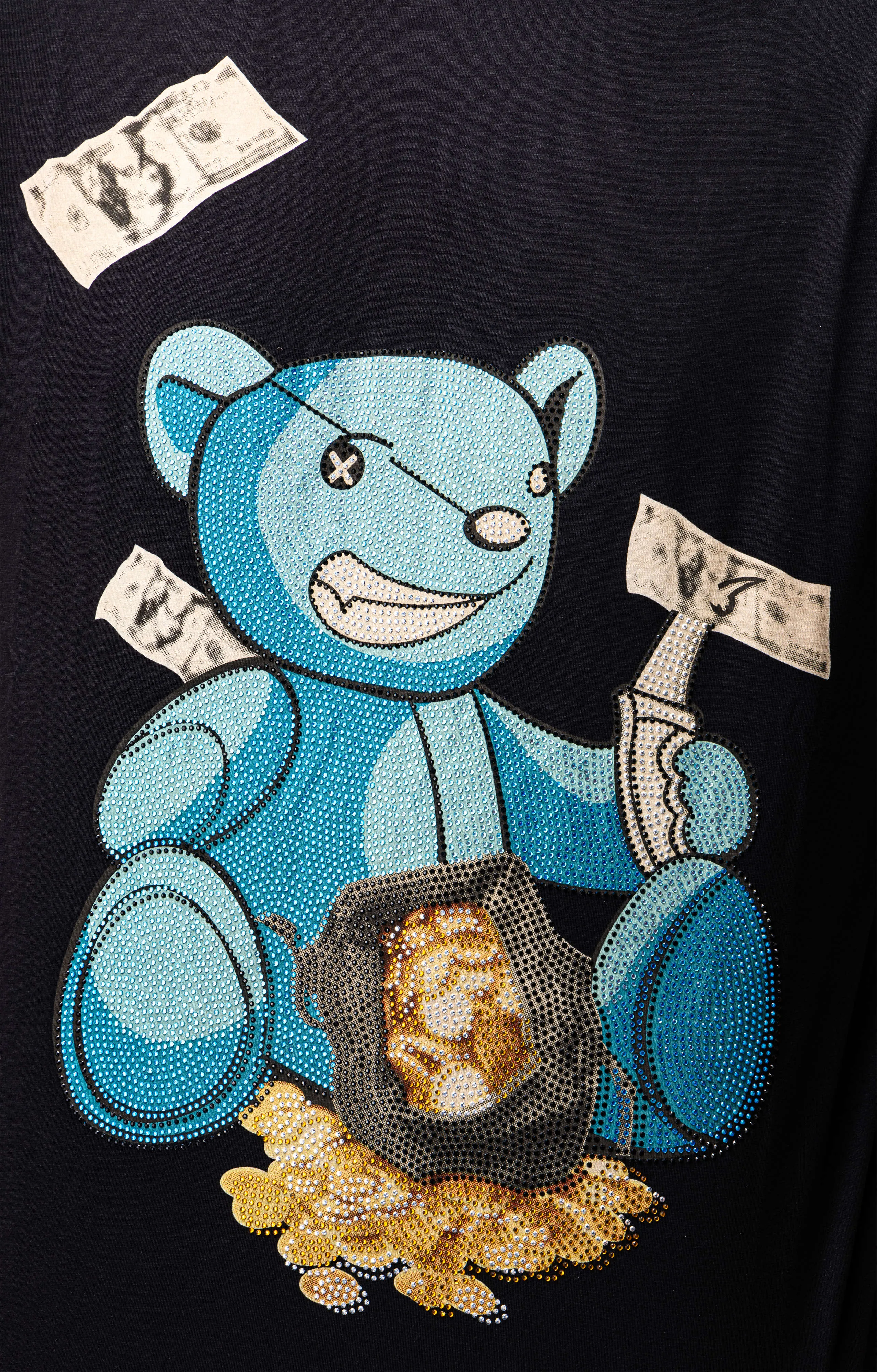 Heads or Tails Men's Slim Fit Crewneck Rhinestone Studded Graphic Printed T-Shirt Stone Tee Blue Bear With Money